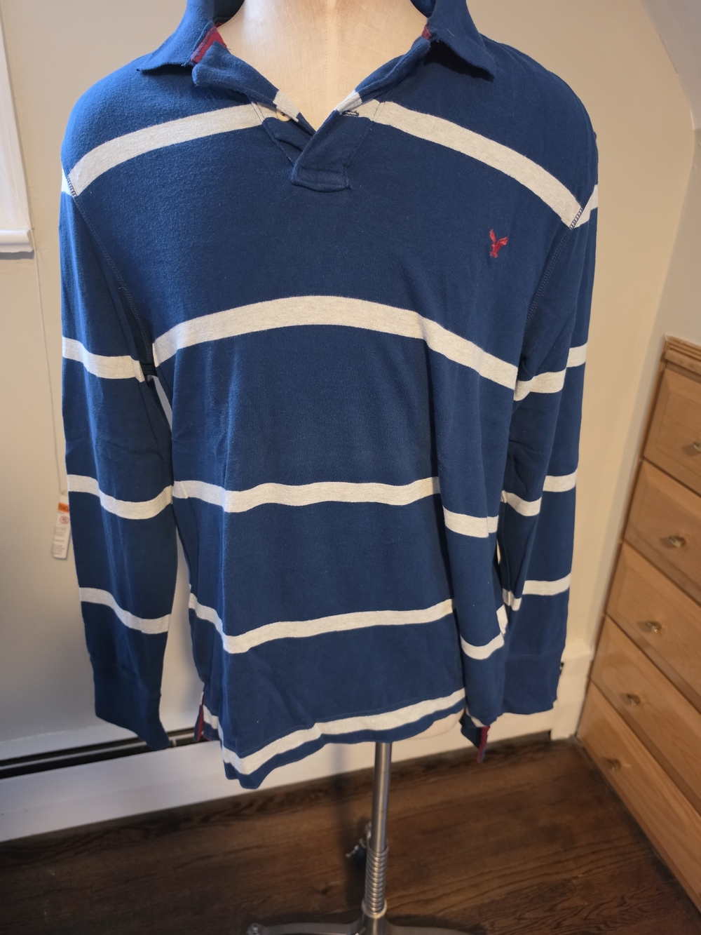 American Eagle Outfitters Men’s Polo - Navy Blue with Light Gray Stripes